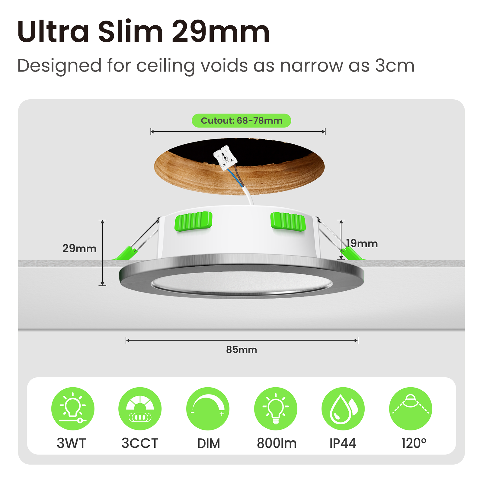 7W Standard Selection LED Recessed Downlight 67-75mm Cutout 3CCT Dimmable IP44/IP65, Night Light Version, 4/6/8W Wattage Turnable Version, White/Black/Nickel Frame, 6/10 Pack