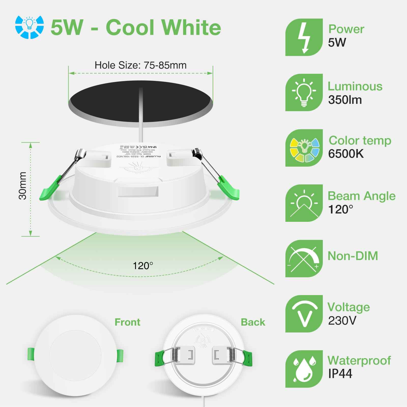 5W/7W/10W Ultra Slim LED Downlight 3000K / 4500K / 6500K IP44,Cutout 75-135mm 6 Pack - ALUSSO LIGHTING