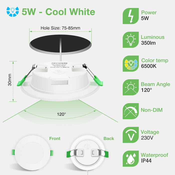 5W/7W/10W Ultra Slim LED Downlight 3000K / 4500K / 6500K IP44,Cutout 75-135mm 6 Pack