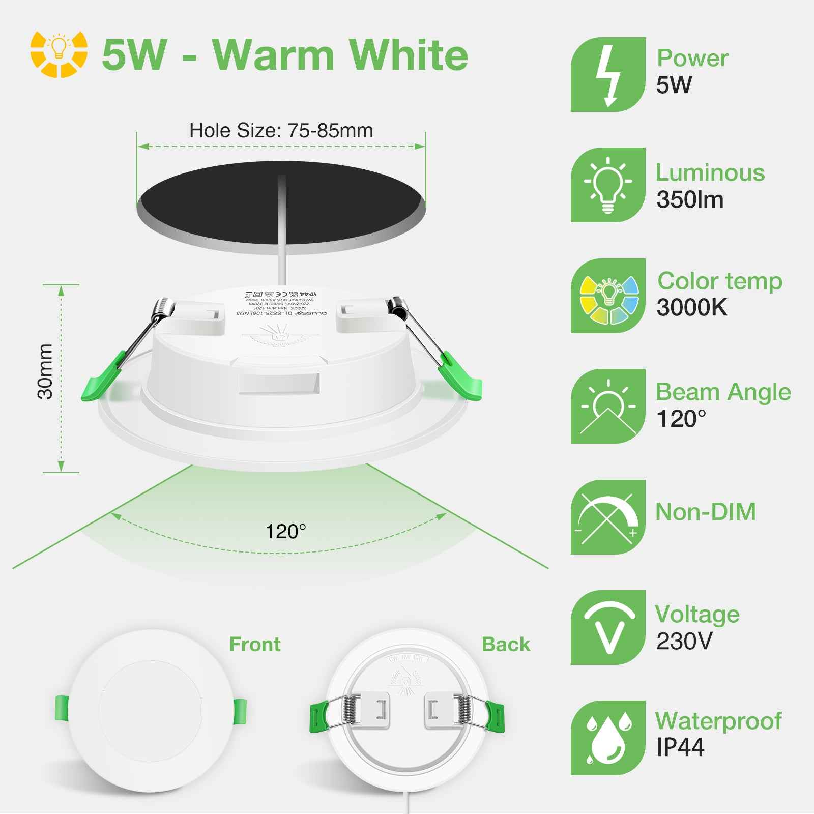 5W/7W/10W Ultra Slim LED Downlight 3000K / 4500K / 6500K IP44,Cutout 75-135mm 6 Pack - ALUSSO LIGHTING