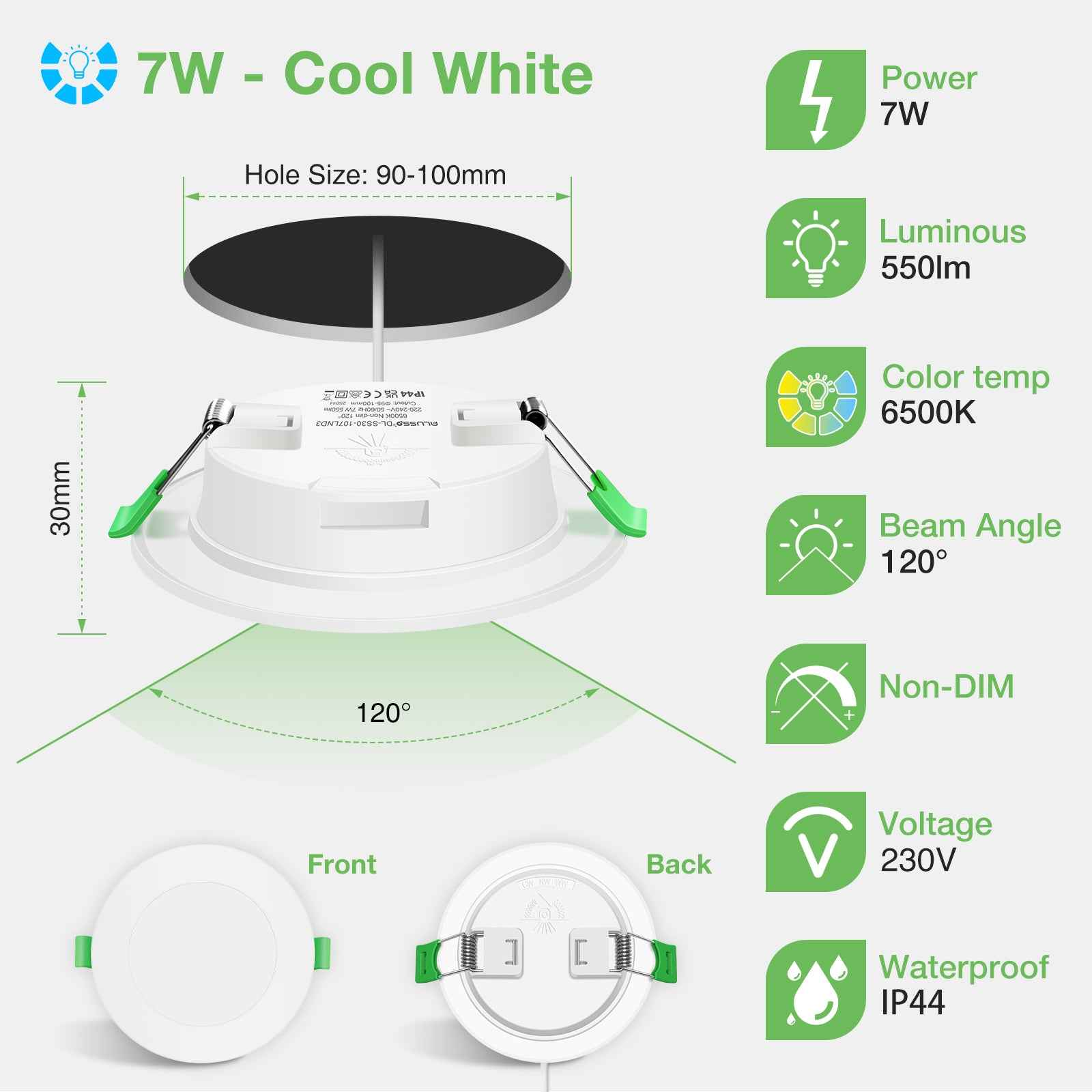 5W/7W/10W Ultra Slim LED Downlight 3000K / 4500K / 6500K IP44,Cutout 75-135mm 6 Pack - ALUSSO LIGHTING