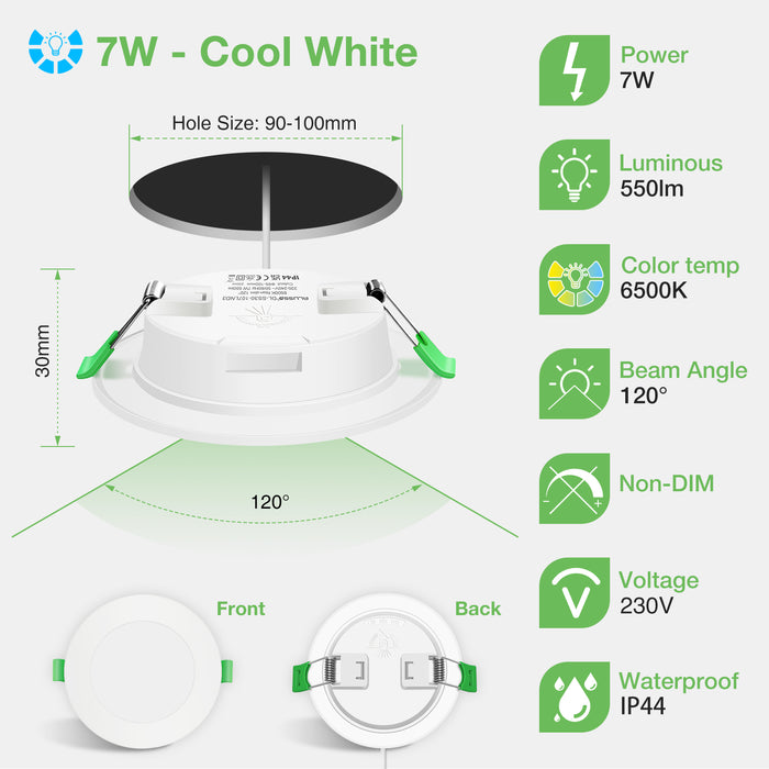 5W/7W/10W Ultra Slim LED Downlight 3000K / 4500K / 6500K IP44,Cutout 75-135mm 6 Pack