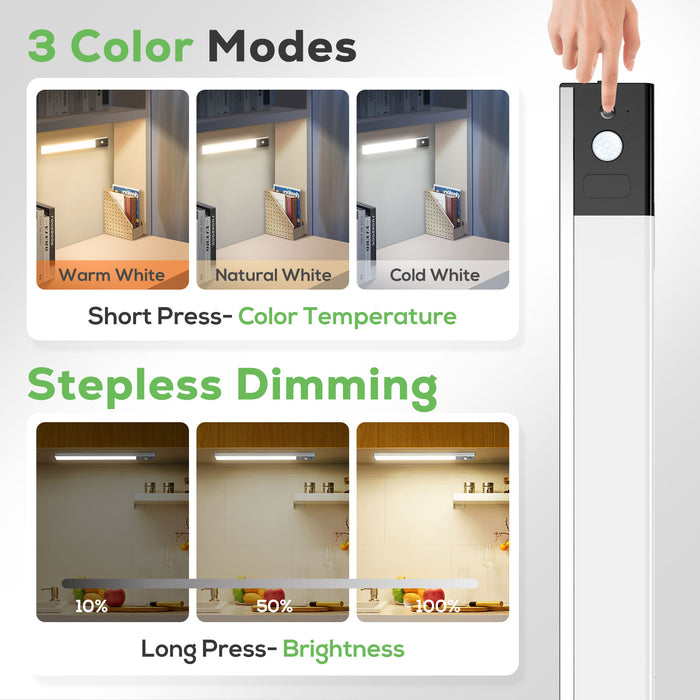 Wireless LED PIR Motion Sensor Cabinet Light, USB Rechargeable, 3 Modes, Dimmable, 3000K-4000K-6500K