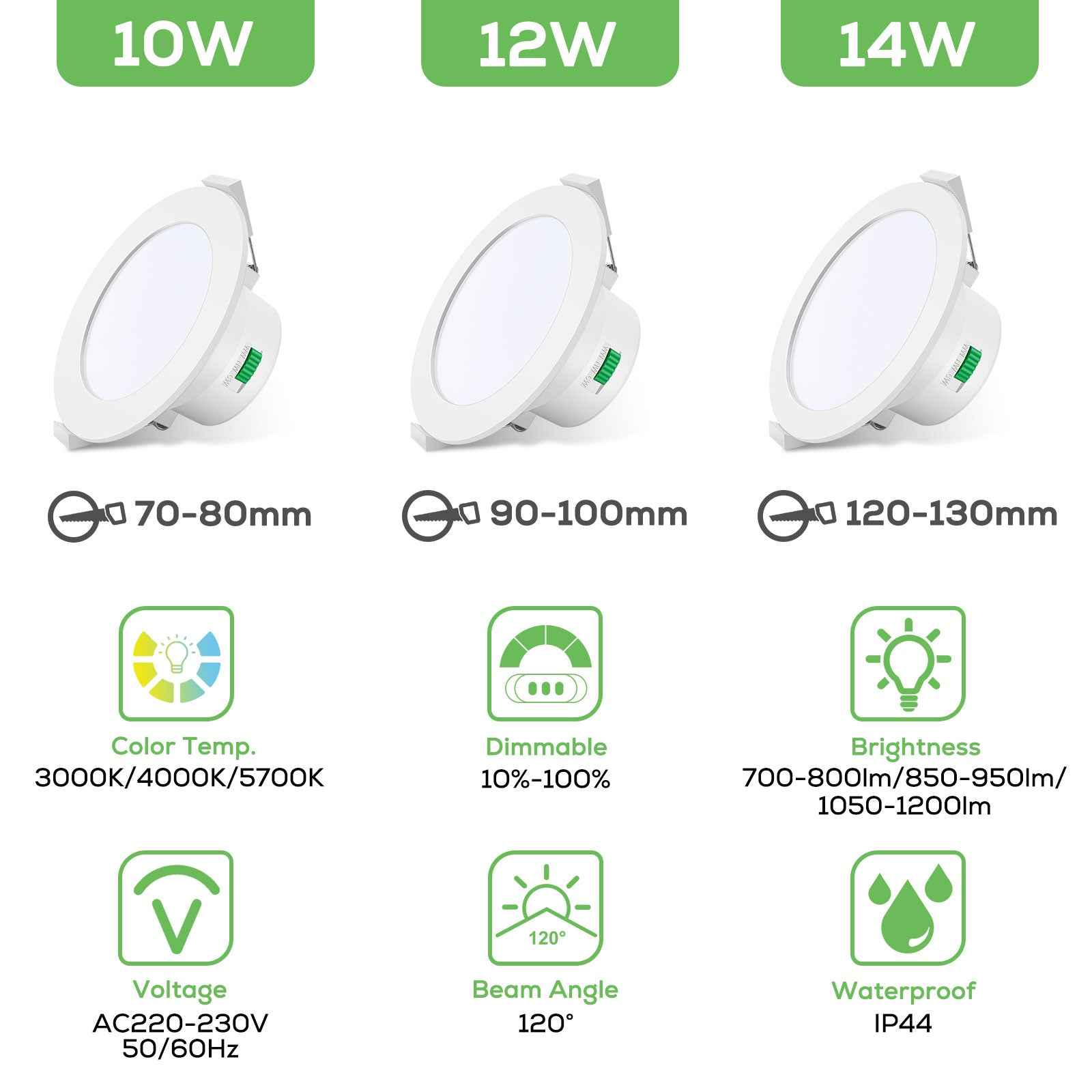10W/12W/14W Led Downlight Dimmable Tri-coulor IP44/IP65 Recessed Ceiling Lights, 70/90/120mm Cutout, 6 pack - ALUSSO LIGHTING