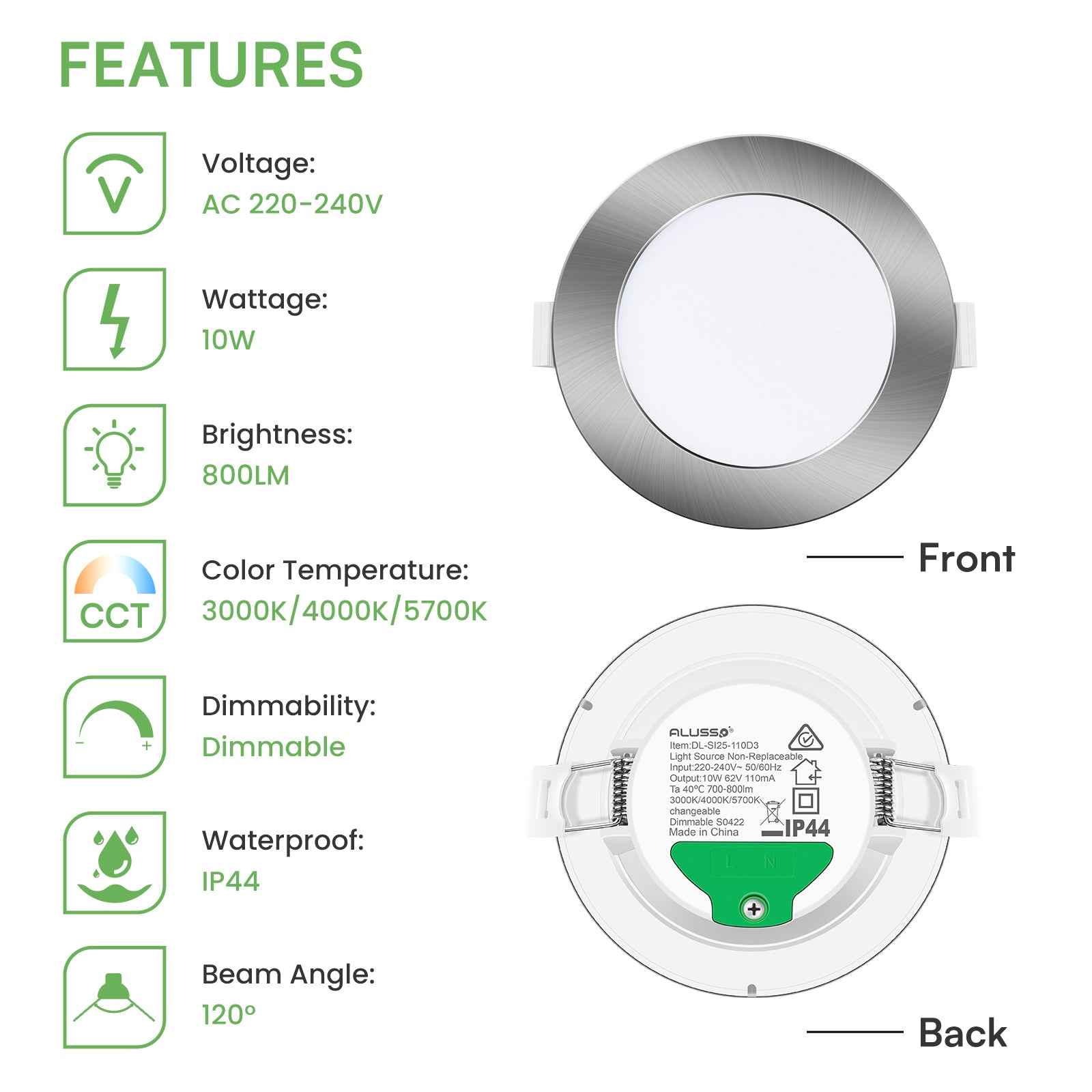 10W/12W/14W Led Downlight Dimmable Tri-coulor IP44/IP65 Recessed Ceiling Lights, 70/90/120mm Cutout, 6 pack - ALUSSO LIGHTING