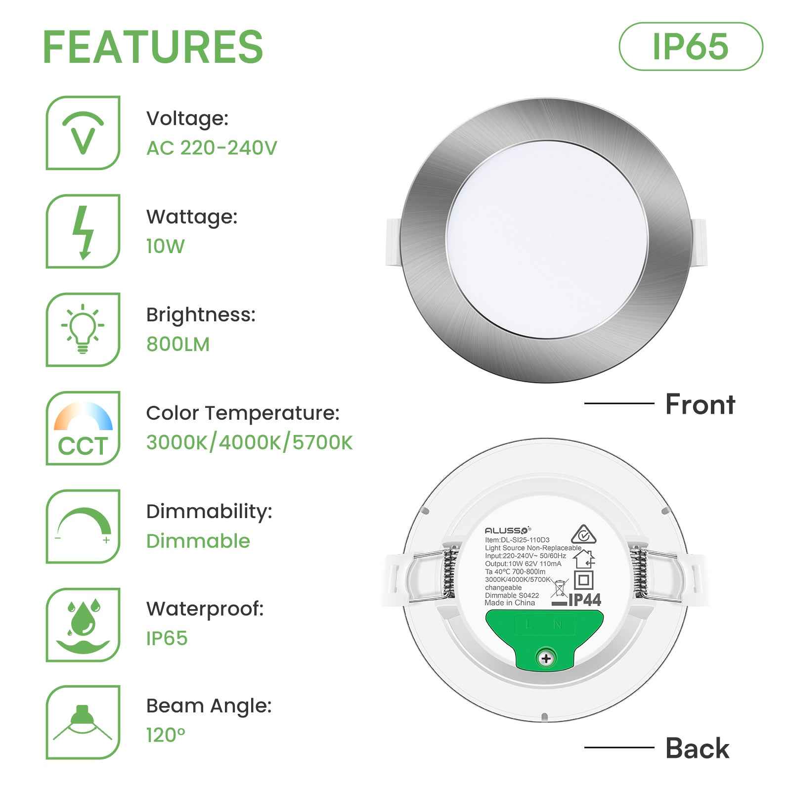 10W/12W/14W Led Downlight Dimmable Tri-coulor IP44/IP65 Recessed Ceiling Lights, 70/90/120mm Cutout, 6 pack - ALUSSO LIGHTING