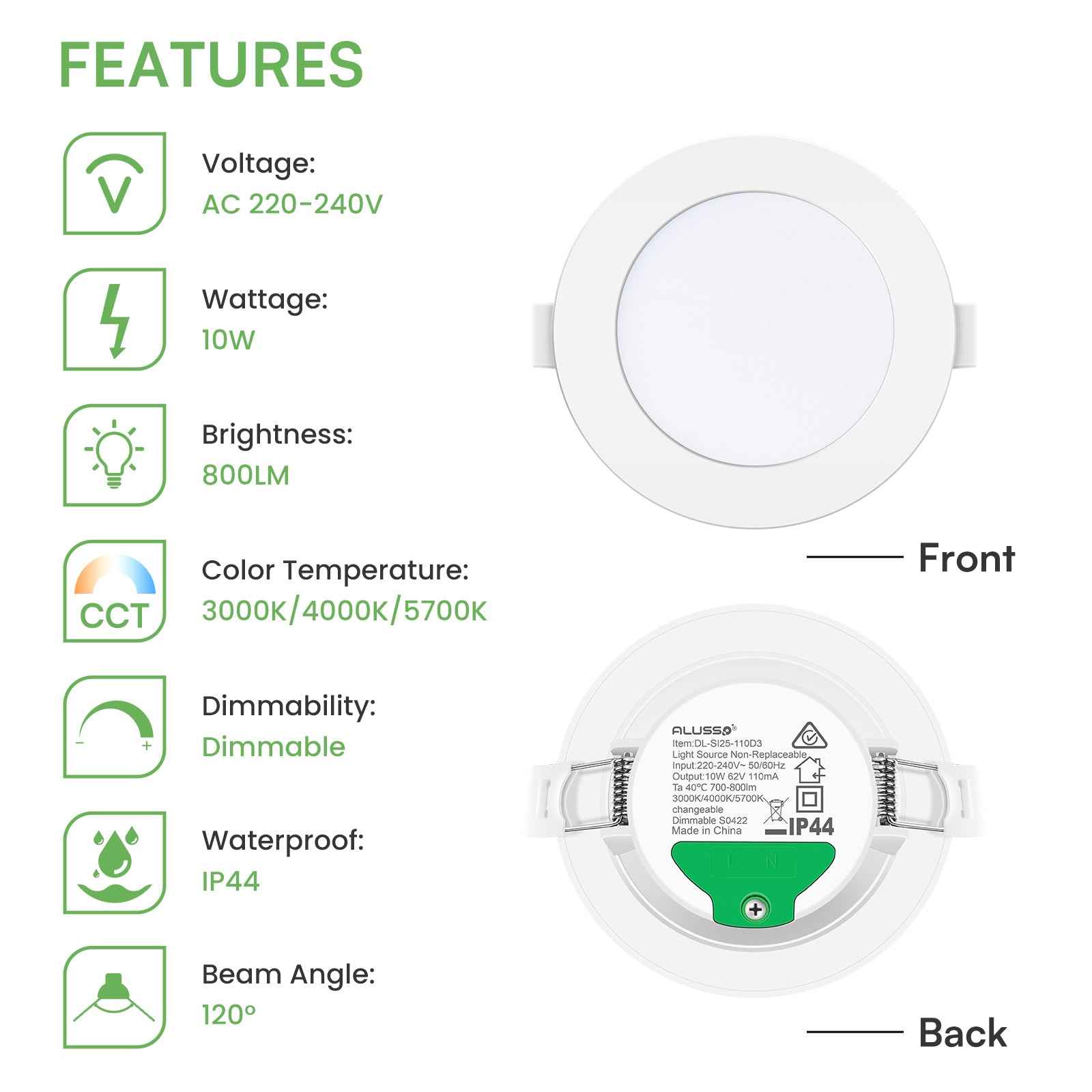 10W/12W/14W Led Downlight Dimmable Tri-coulor IP44/IP65 Recessed Ceiling Lights, 70/90/120mm Cutout, 6 pack - ALUSSO LIGHTING