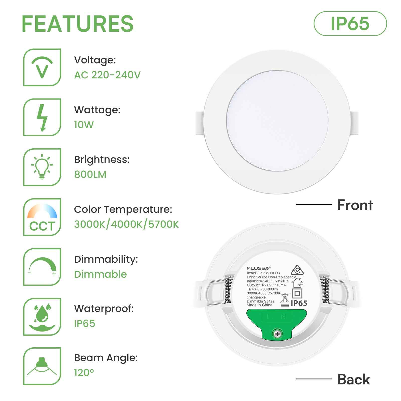 10W/12W/14W Led Downlight Dimmable Tri-coulor IP44/IP65 Recessed Ceiling Lights, 70/90/120mm Cutout, 6 pack - ALUSSO LIGHTING