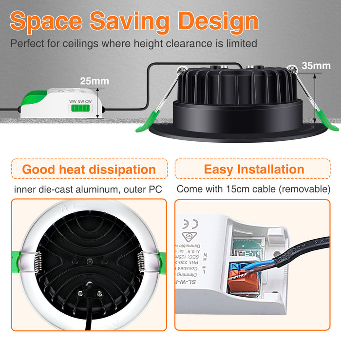 10W LED CCT Dimmable Downlight, Cutout 90-105mm, IP44/IP65 Rated, 6 Pack with External Driver