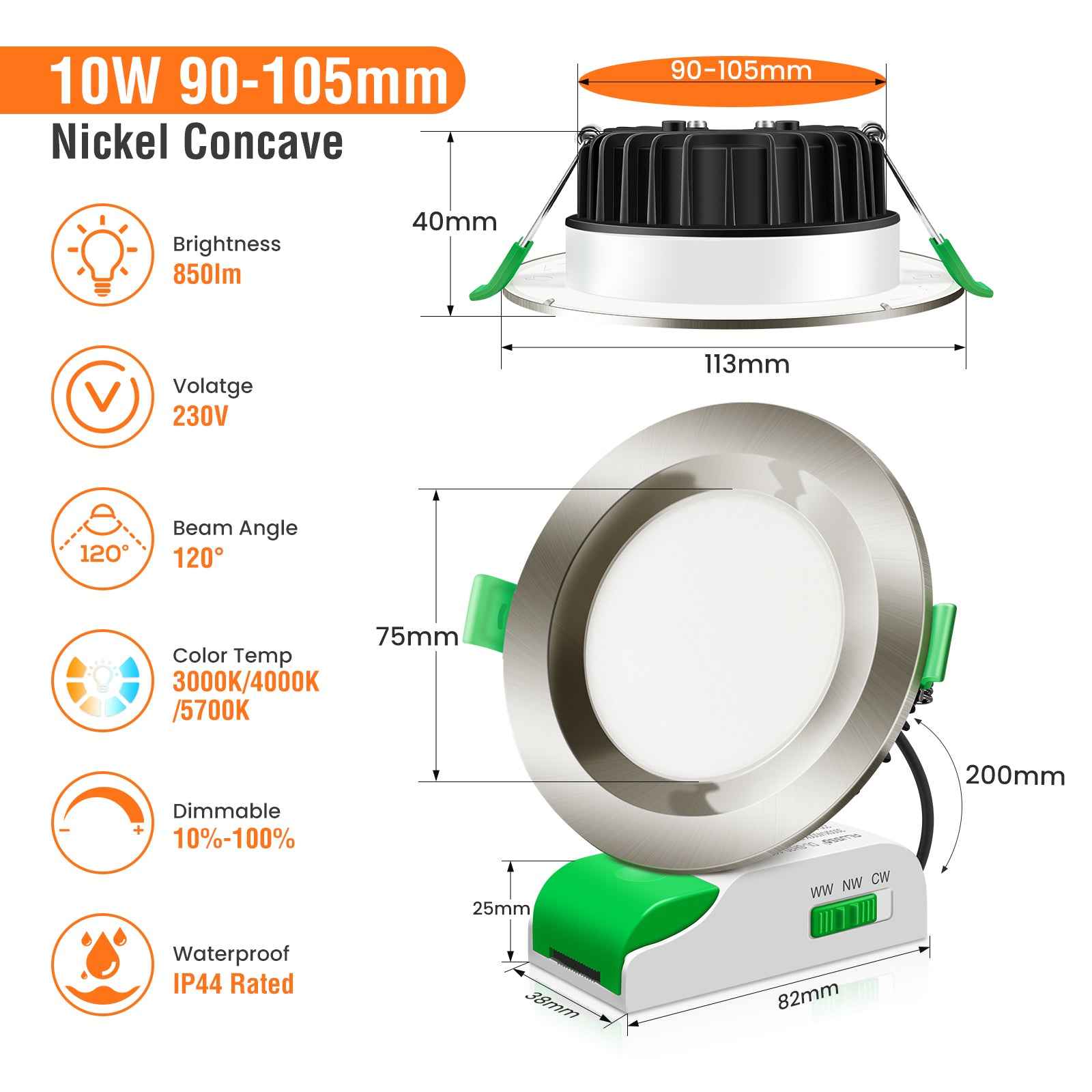 10W LED CCT Dimmable Downlight, Cutout 90-105mm, IP44/IP65 Rated, 6 Pack with External Driver - ALUSSO LIGHTING