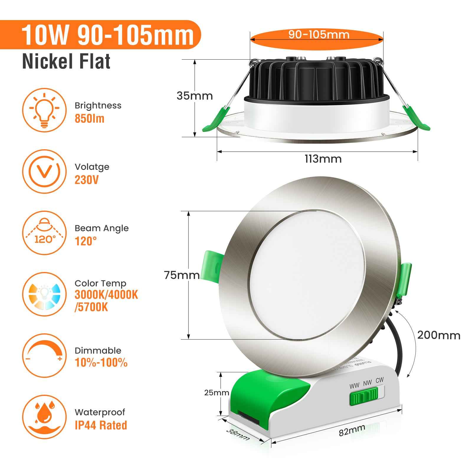 10W LED CCT Dimmable Downlight, Cutout 90-105mm, IP44/IP65 Rated, 6 Pack with External Driver - ALUSSO LIGHTING