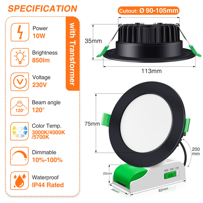 10W LED CCT Dimmable Downlight, Cutout 90-105mm, IP44/IP65 Rated, 6 Pack with External Driver