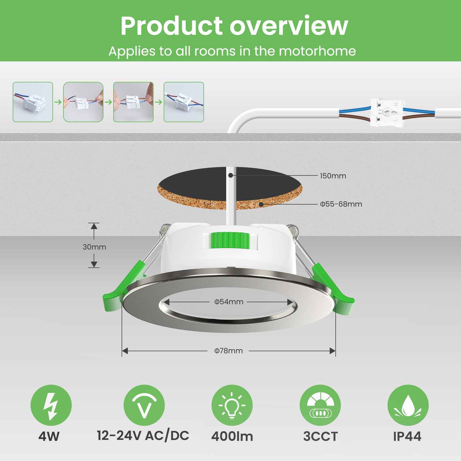 LED Recessed Spotlights 12V AC/DC, 3CCT 3000K 4000K 6500K 4W 400LM Recessed Lights 29mm Installation Depth, IP44 for Bathroom, Set of 6&nbsp; - ALUSSO LIGHTING