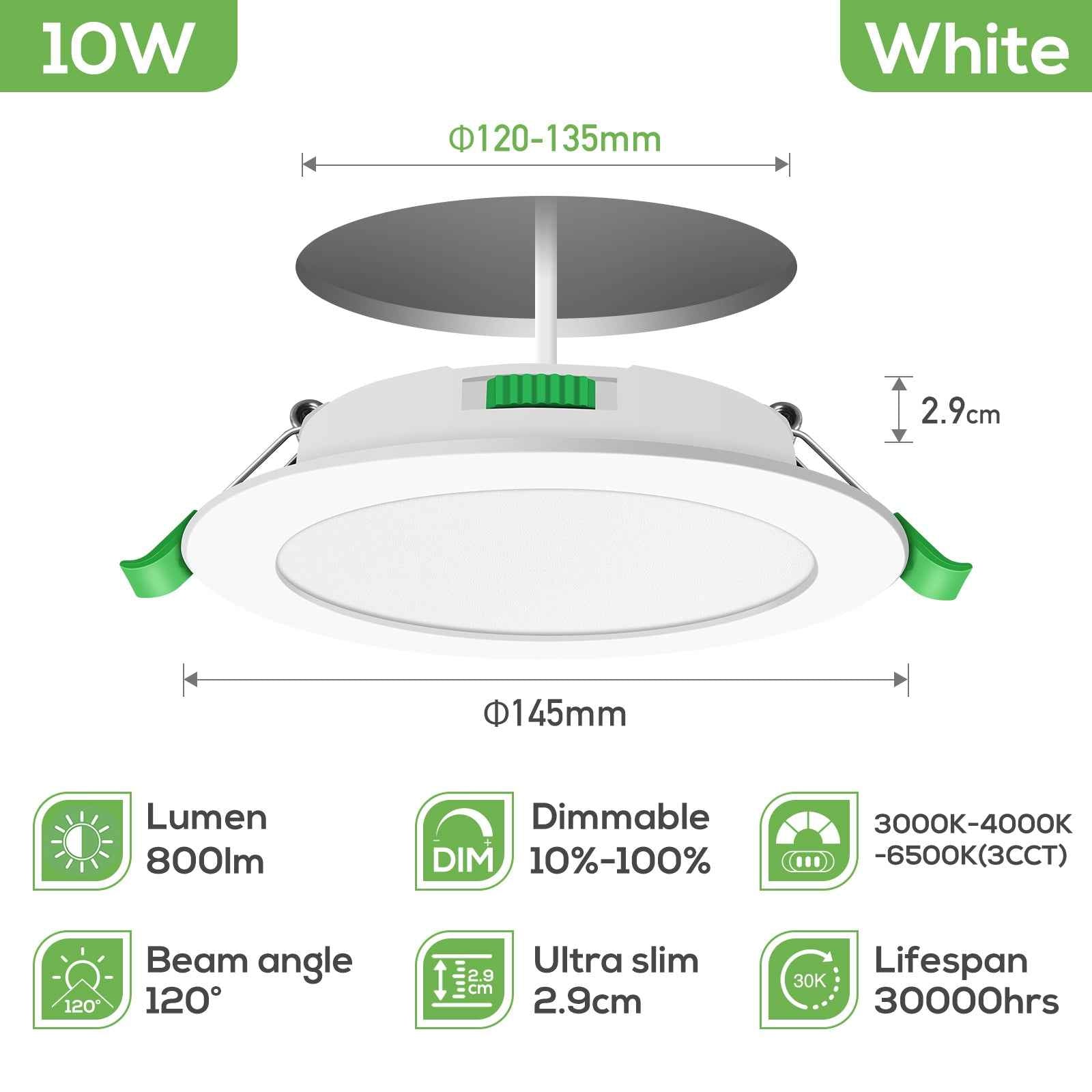 10W Ultra Slim LED Downlight CCT Dimmable IP44,Cutout 125-135mm 6 Pack - ALUSSO LIGHTING