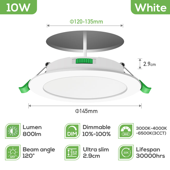 10W Ultra Slim LED Downlight CCT Dimmable IP44,Cutout 120-135mm 6 Pack
