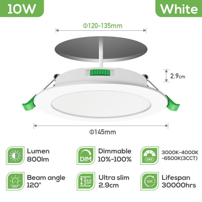 10W Ultra Slim LED Downlight CCT Dimmable IP44 Cutout 120 135mm 6