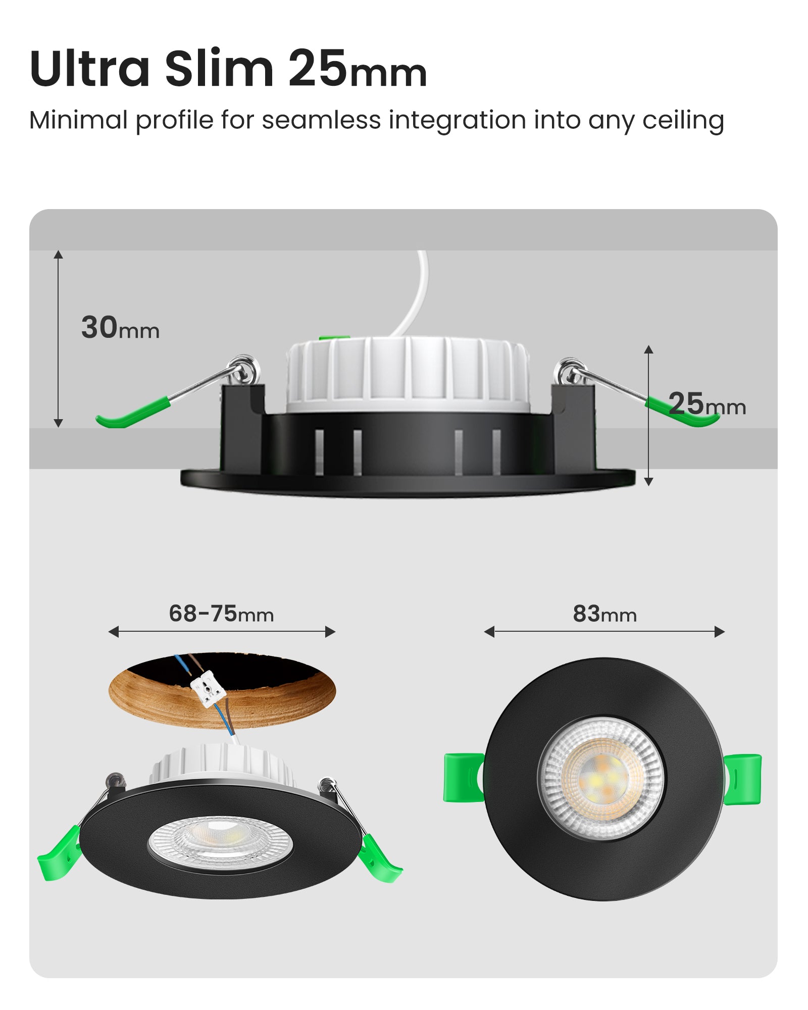 6W ∅68-75mm Black Recessed Led Ceiling Lights Flach 60°/120° Variable Beam Angle, Tri-Color, Dimmable, IP44, 6 PACK