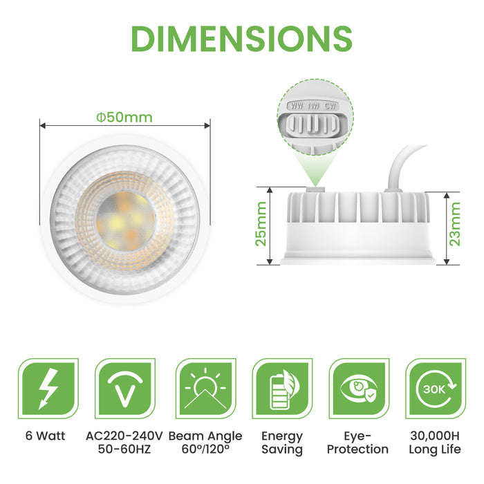 6W ∅50mm LED Module Replacement for GU10 MR16, Tri-Color, Dimmable, 60°/120° Beam Angle, IP44, 6 PACK