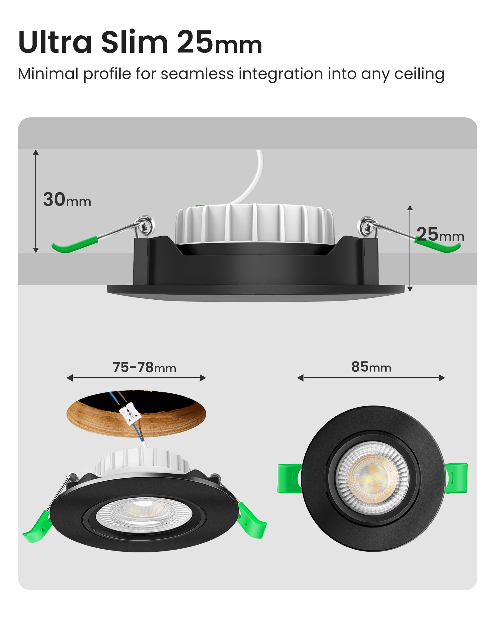 6W ∅75-78mm Swiveling Black Recessed Led Ceiling Lights Tilt Angle, Tri-Color, Dimmable, 60°/120° Variable Beam Angle, IP20, 6 PACK