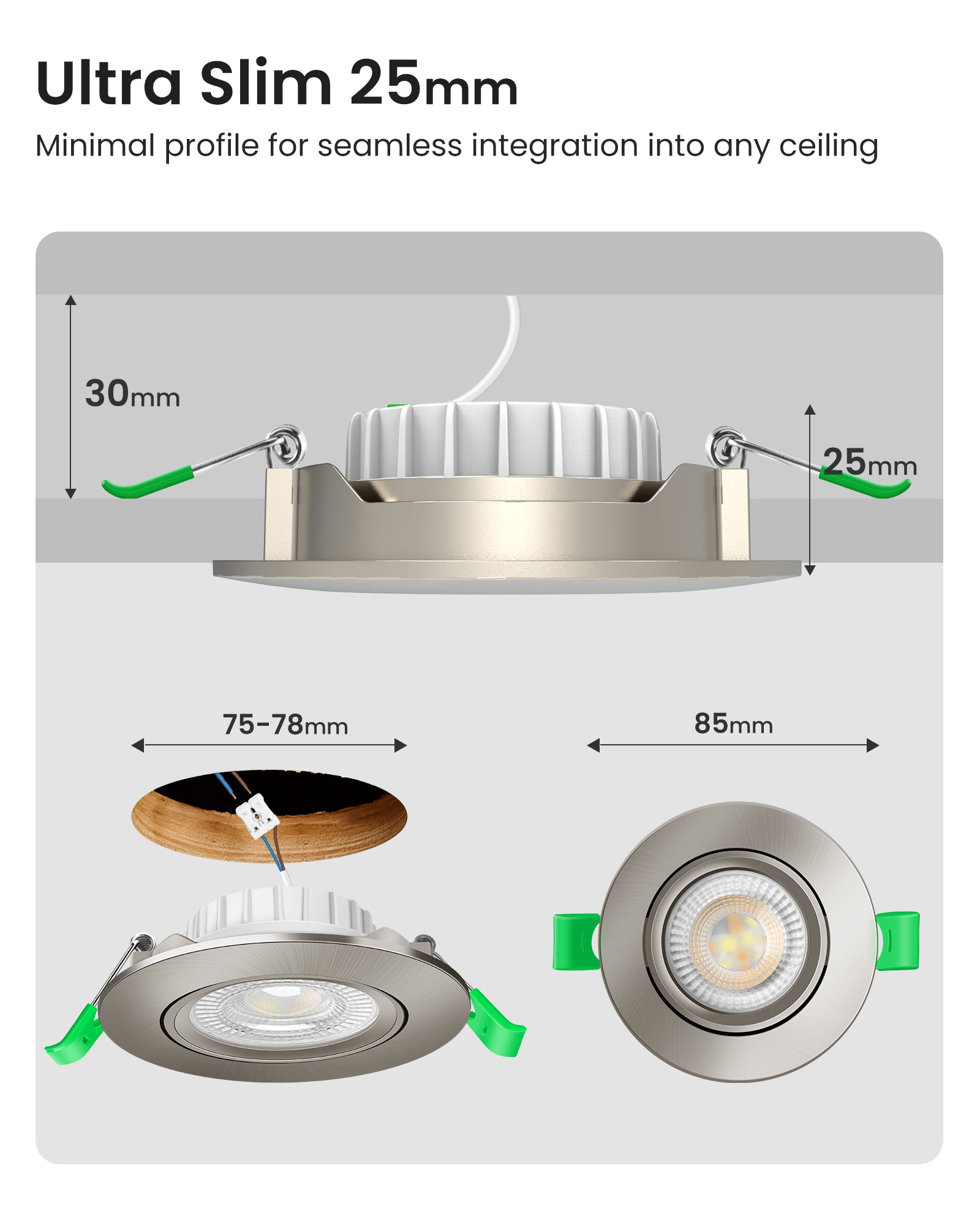 6W ∅75-78mm Swiveling Nickel Recessed Led Ceiling Lights Tilt Angle, Tri-Color, Dimmable, 60°/120° Variable Beam Angle, IP20, 6 PACK