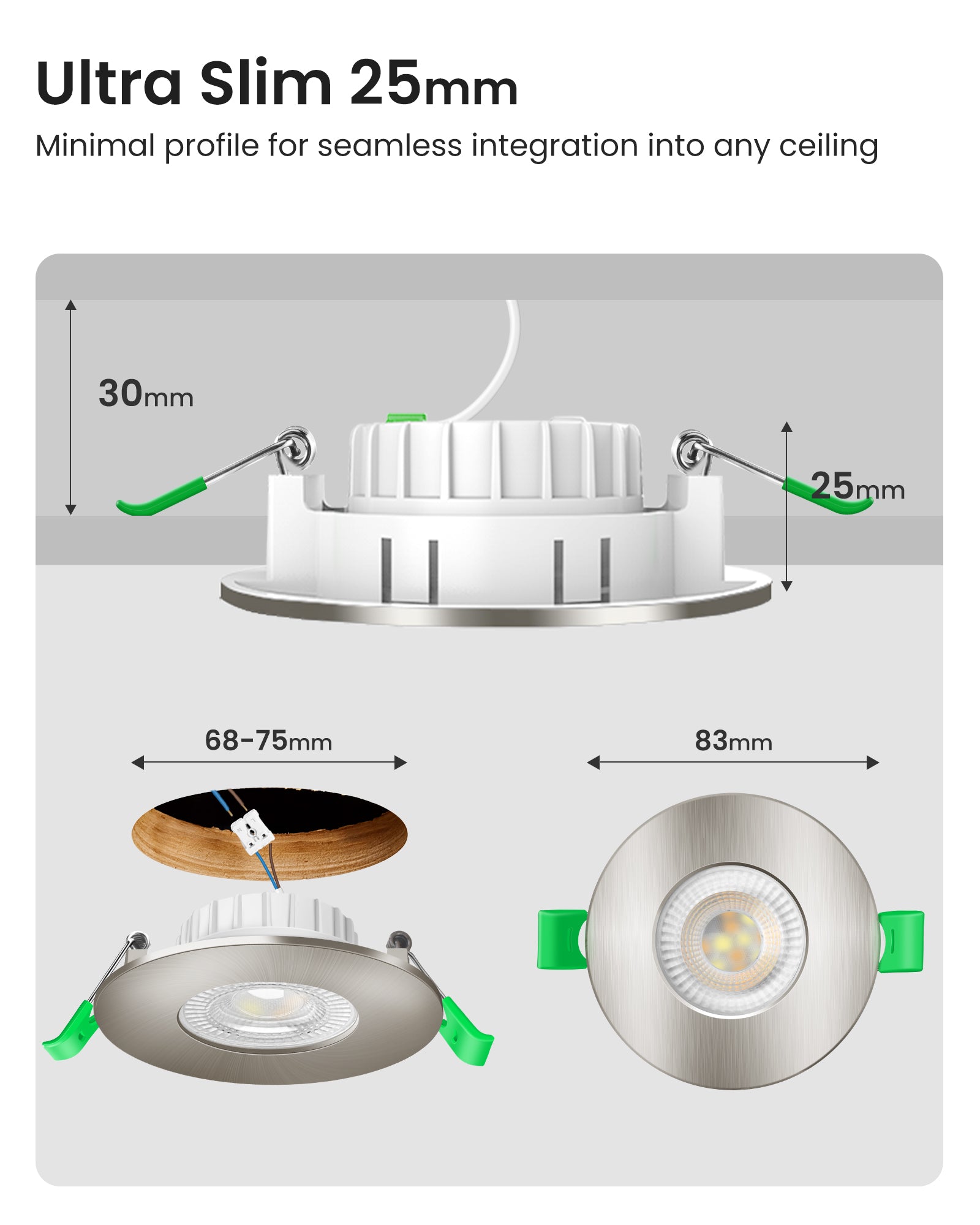 6W ∅68-75mm Nickel Recessed Led Ceiling Lights Flach 60°/120° Variable Beam Angle, Tri-Color, Dimmable, IP44, 6 PACK