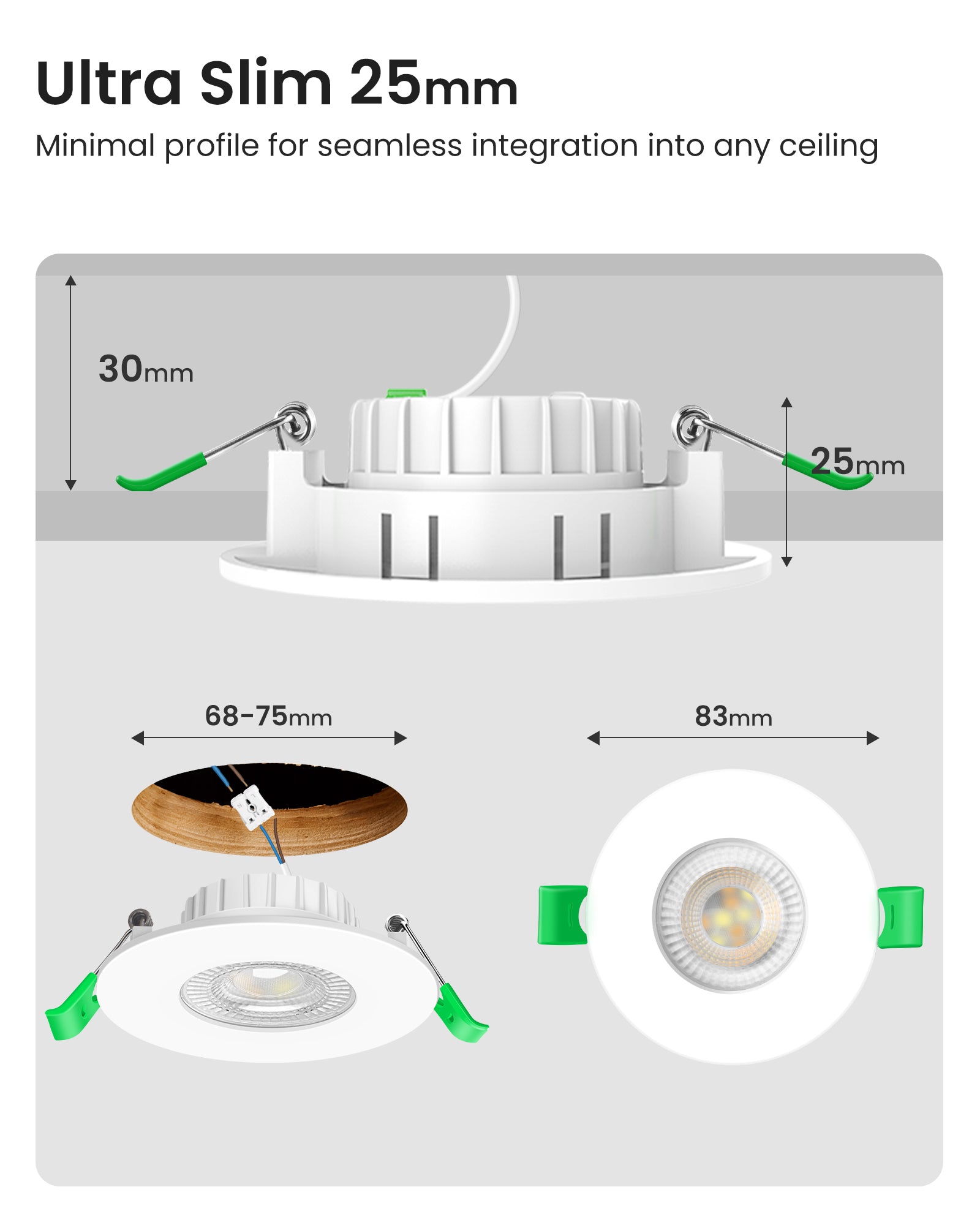 6W ∅68-75mm White Recessed Led Ceiling Lights Flach 60°/120° Variable Beam Angle, Tri-Color, Dimmable, IP44, 6 PACK