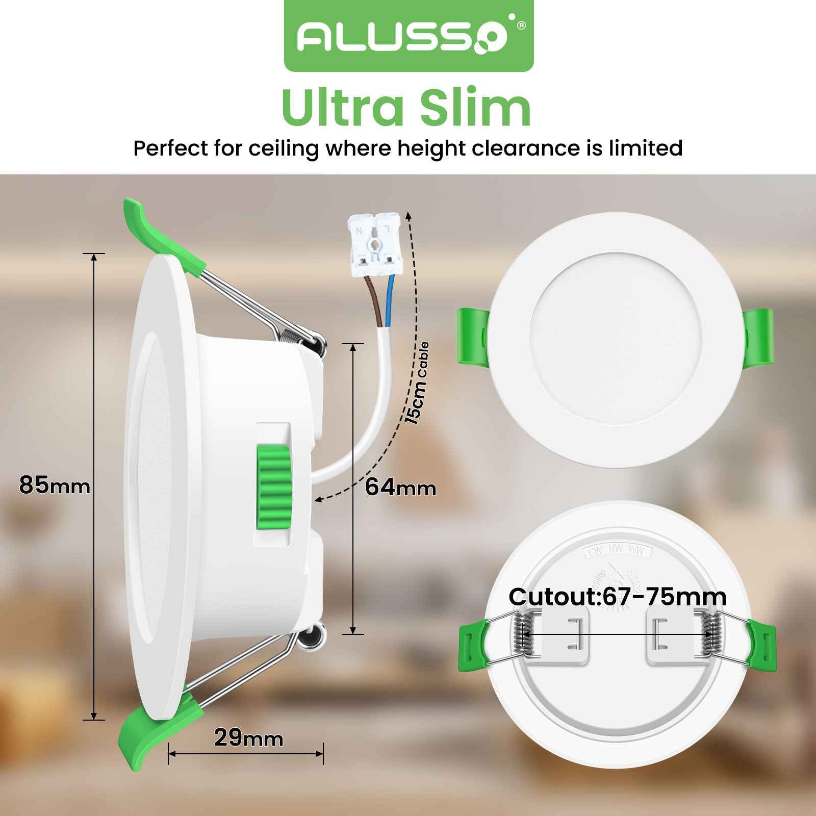 10 Pack 5W 68-78mm Cutout Ultra Slim LED Downlight 3CCT 3000K 4000K 6500K Dimmable IP44 White/Nickel Frame - ALUSSO LIGHTING