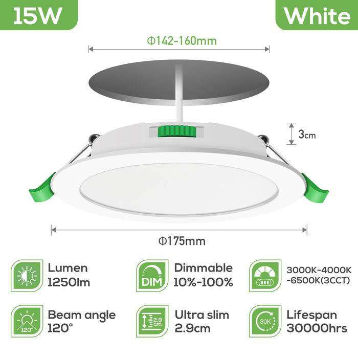 15W Ultra Slim LED Downlight CCT Dimmable IP44,Cutout 145-160mm 6 Pack