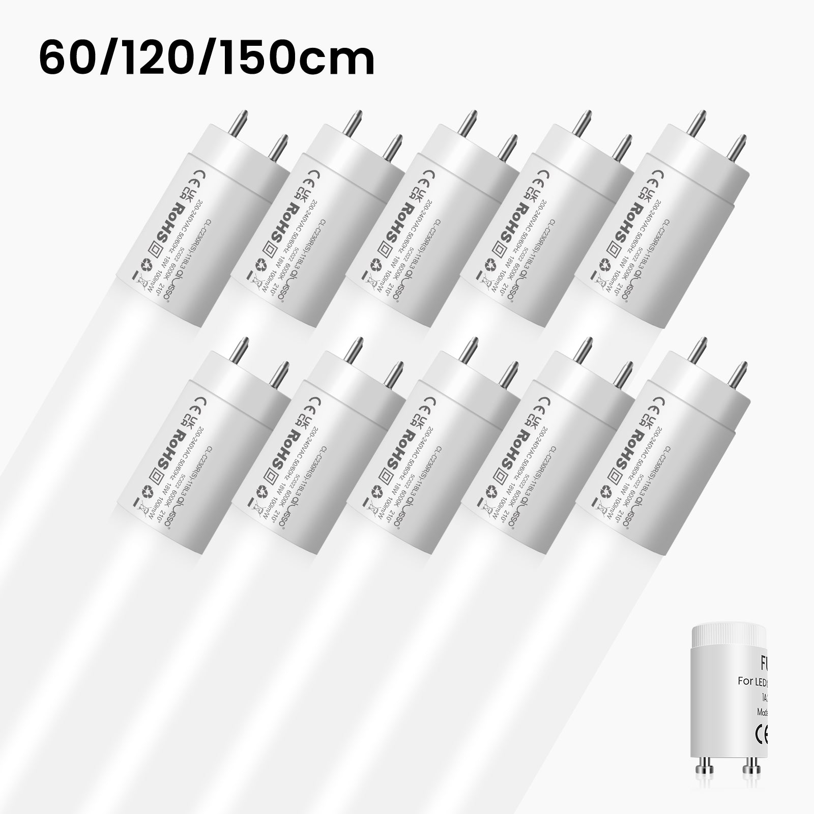 T8 LED Tube Light G13 60/120/150cm, 9W/18W/24W, 6000K Cool White, Fluorescent Replacement, Starter Included, 10 Pack
