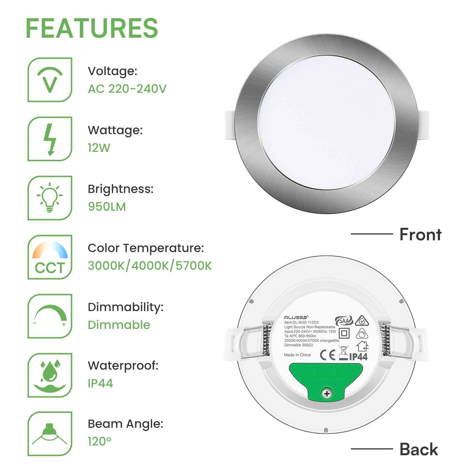 10W/12W/14W Led Downlight Dimmable Tri-coulor IP44/IP65 Recessed Ceiling Lights, 70/90/120mm Cutout, 6 pack - ALUSSO LIGHTING
