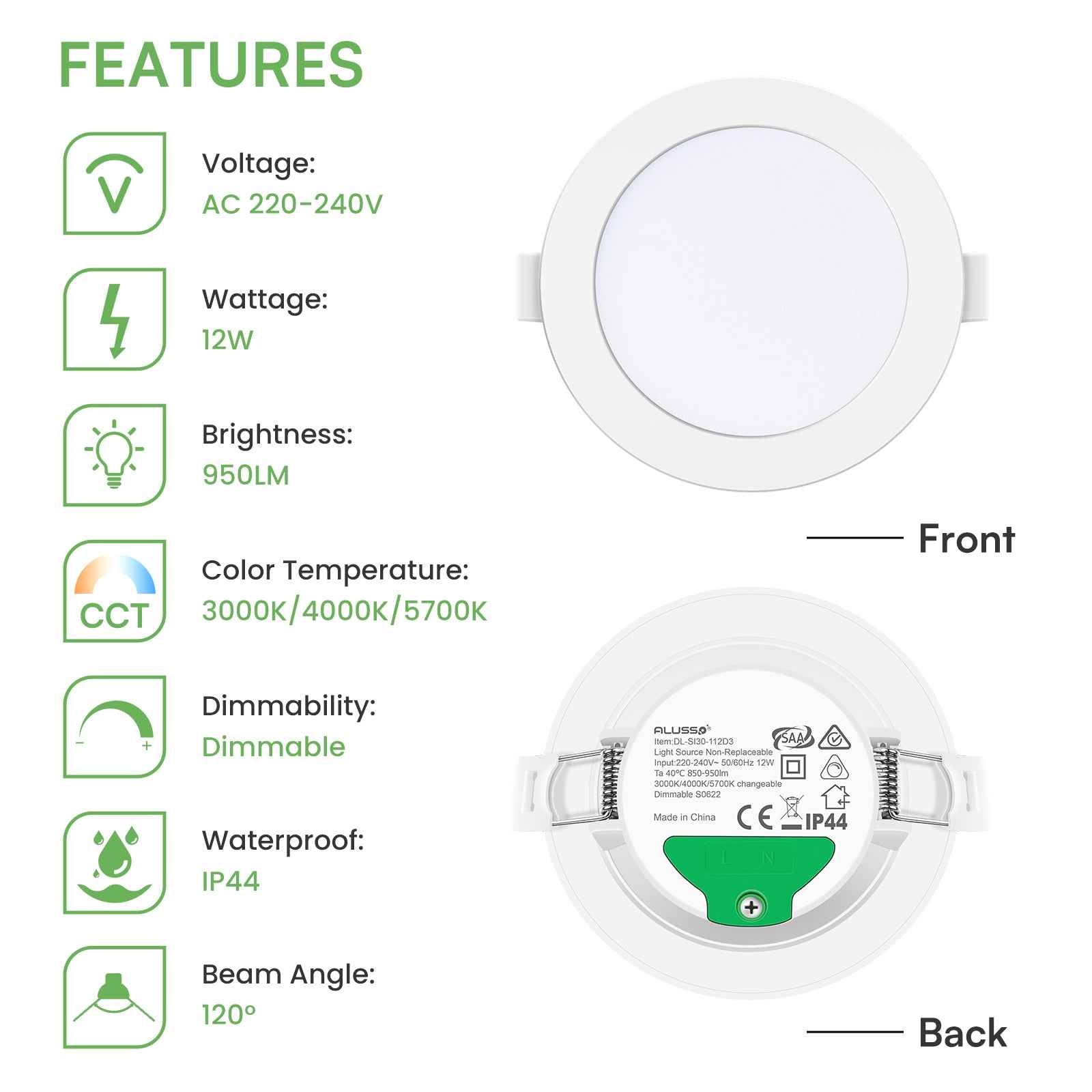 10W/12W/14W Led Downlight Dimmable Tri-coulor IP44/IP65 Recessed Ceiling Lights, 70/90/120mm Cutout, 6 pack - ALUSSO LIGHTING