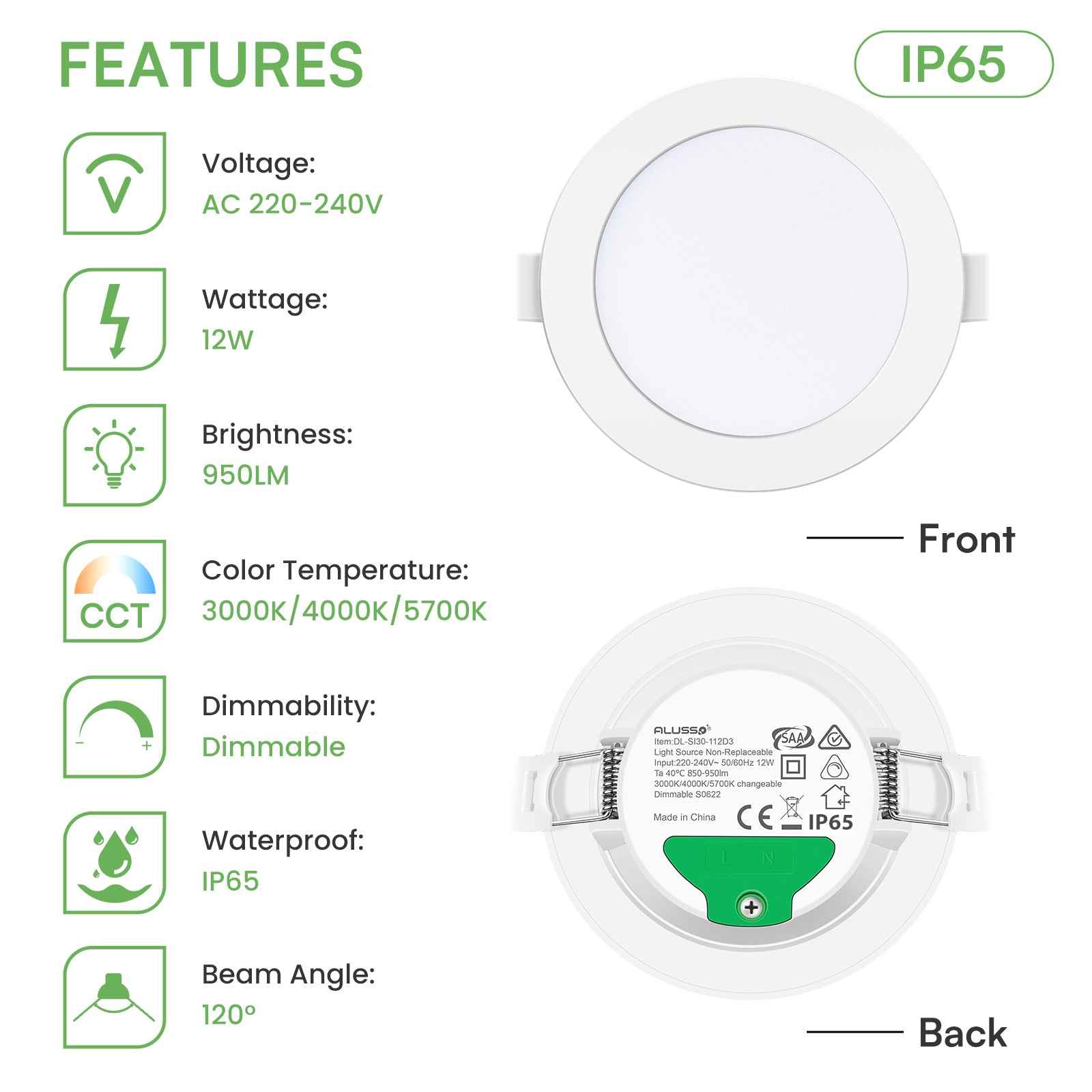10W/12W/14W Led Downlight Dimmable Tri-coulor IP44/IP65 Recessed Ceiling Lights, 70/90/120mm Cutout, 6 pack - ALUSSO LIGHTING