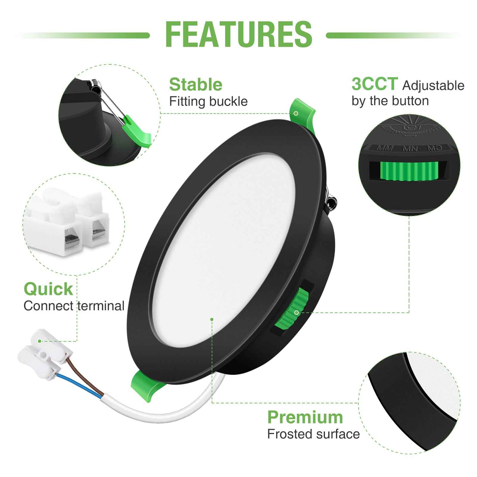 10W Black Recessed Spot Light Tri Color Dimmable IP44 Black,Cutout 120-135mm 6 Pack - ALUSSO LIGHTING