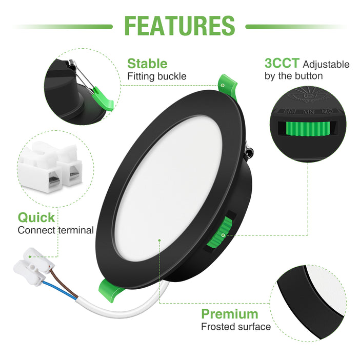 7W Black Ultra Slim LED Recessed Downlight 3CCT Dimmable IP44,Cutout 90-100mm 6 Pack
