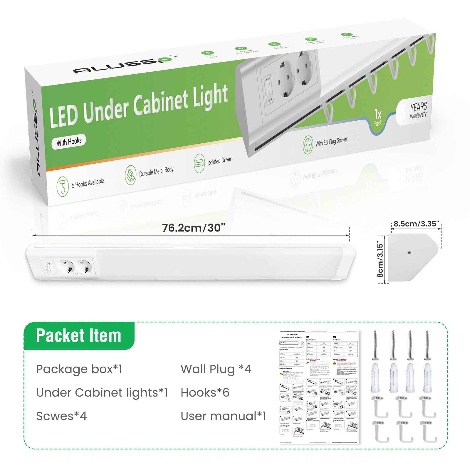 30'' LED Under-Cabinet Light EU Sockets 15W 4000K Ceiling Lamp With 6 Hooks Under Cabinet