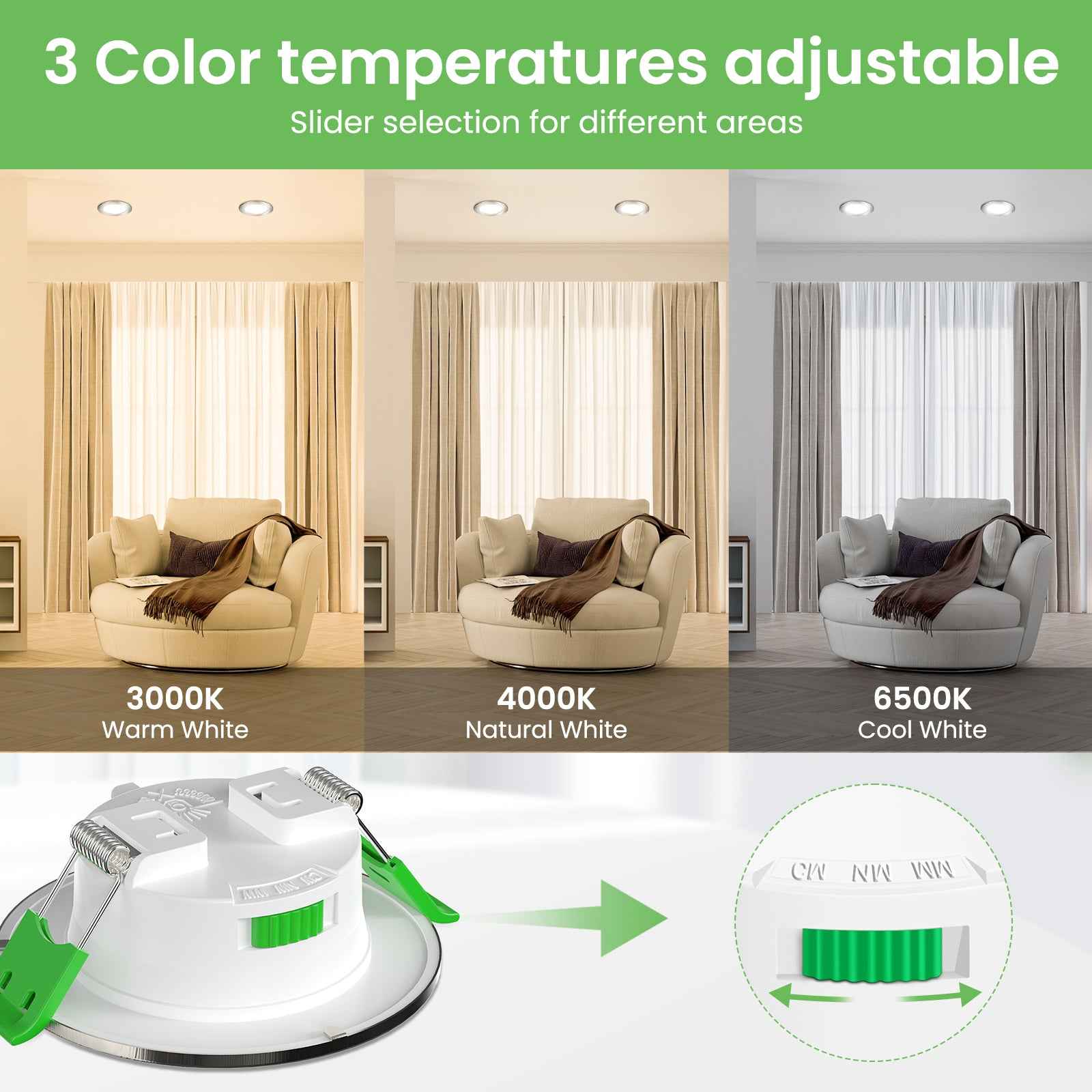 LED Recessed Spotlights 12V AC/DC, 3CCT 3000K 4000K 6500K 4W 400LM Recessed Lights 29mm Installation Depth, IP44 for Bathroom, Set of 6&nbsp; - ALUSSO LIGHTING