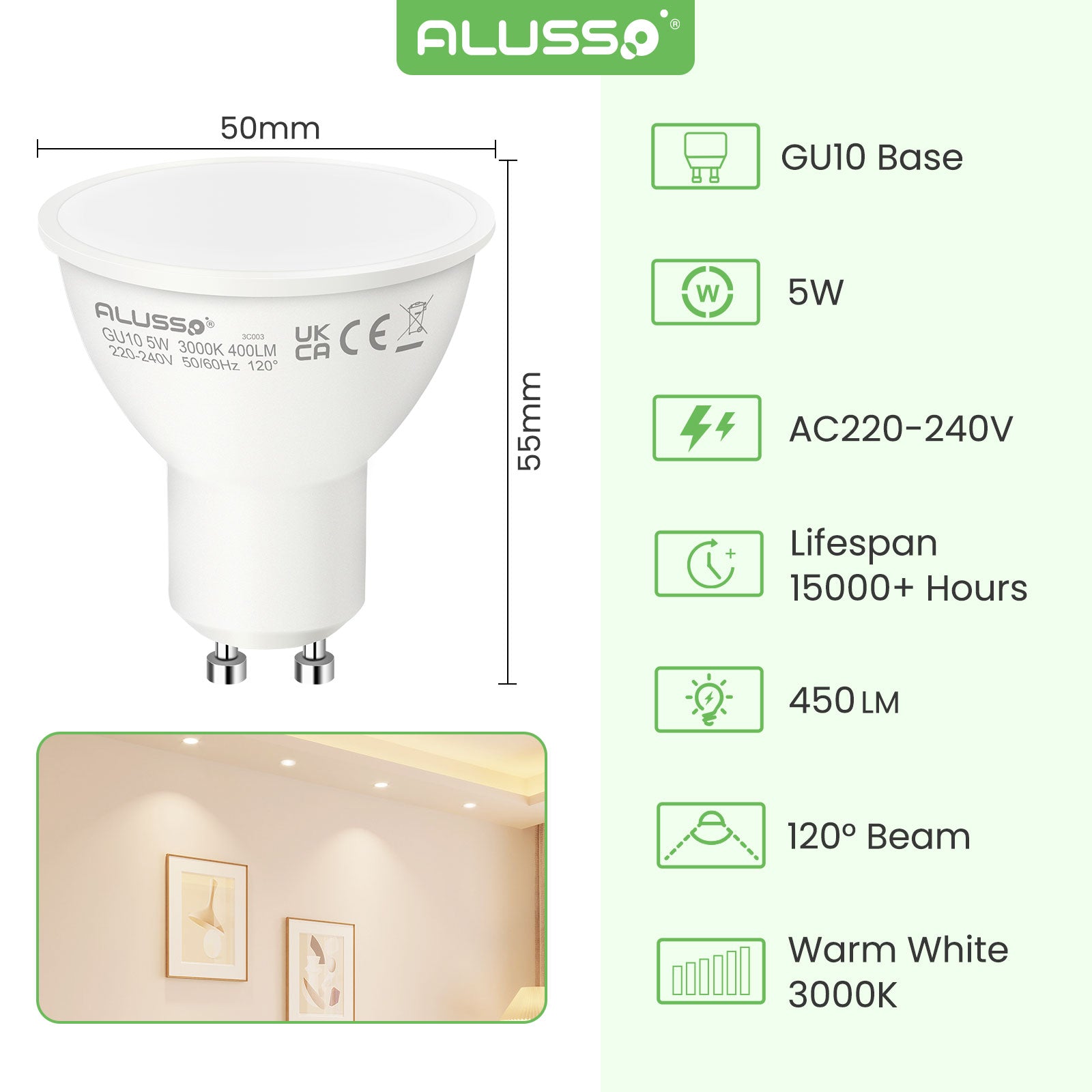 5W 7W GU10 LED Spotlight Bulb 3000K/6000K, 120° Beam Angle, 4/10 Pack - ALUSSO LIGHTING