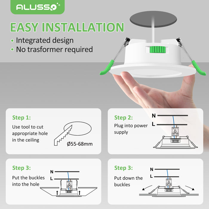 6 Pack Round 4W 55-68mm Cutout Ultra Slim LED Downlight 3CCT 3000K 4000K 6500K Dimmable IP44 White Frame