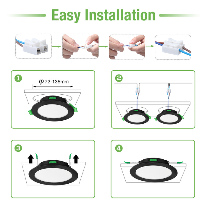 10W Black Recessed Spot Light Tri Color Dimmable IP44 Black,Cutout 120-135mm 6 Pack