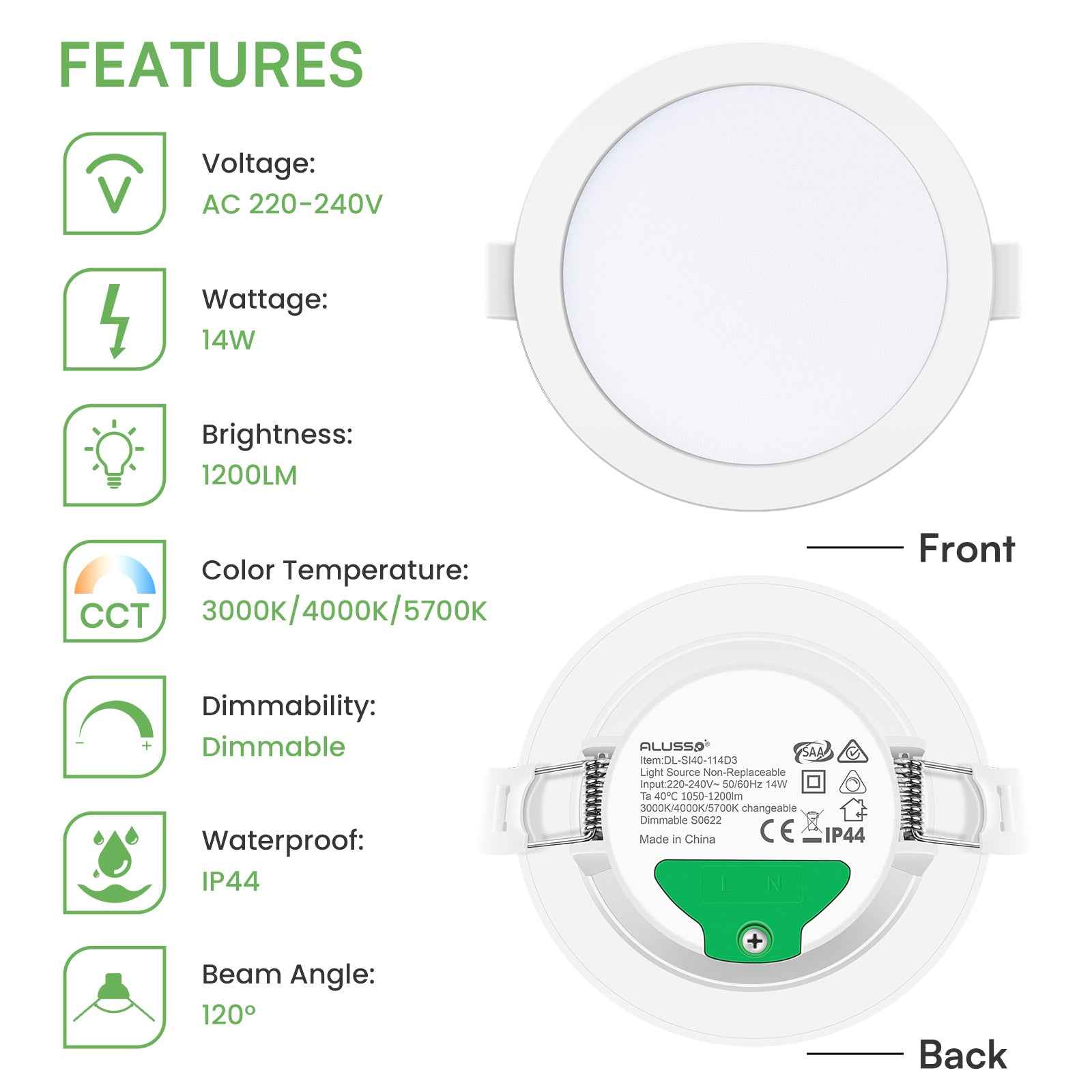 10W/12W/14W Led Downlight Dimmable Tri-coulor IP44/IP65 Recessed Ceiling Lights, 70/90/120mm Cutout, 6 pack - ALUSSO LIGHTING