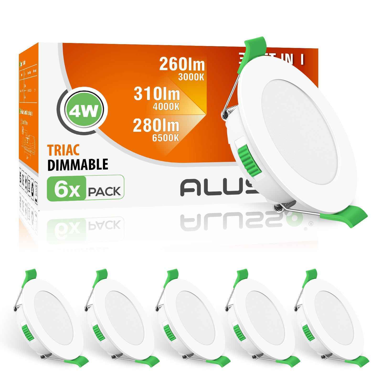 4W 5W 7W 10W 15W 22W Ultra Slim LED Downlight 55-205mm Cutout 3CCT 3000K 4000K 6500K Dimmable IP44 White/Nickel/Black Frame, 6 Pack - ALUSSO LIGHTING