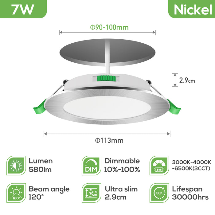 7W Nickel Ultra Slim LED Downlight CCT Dimmable IP44, Cutout 90-100mm 6 Pack