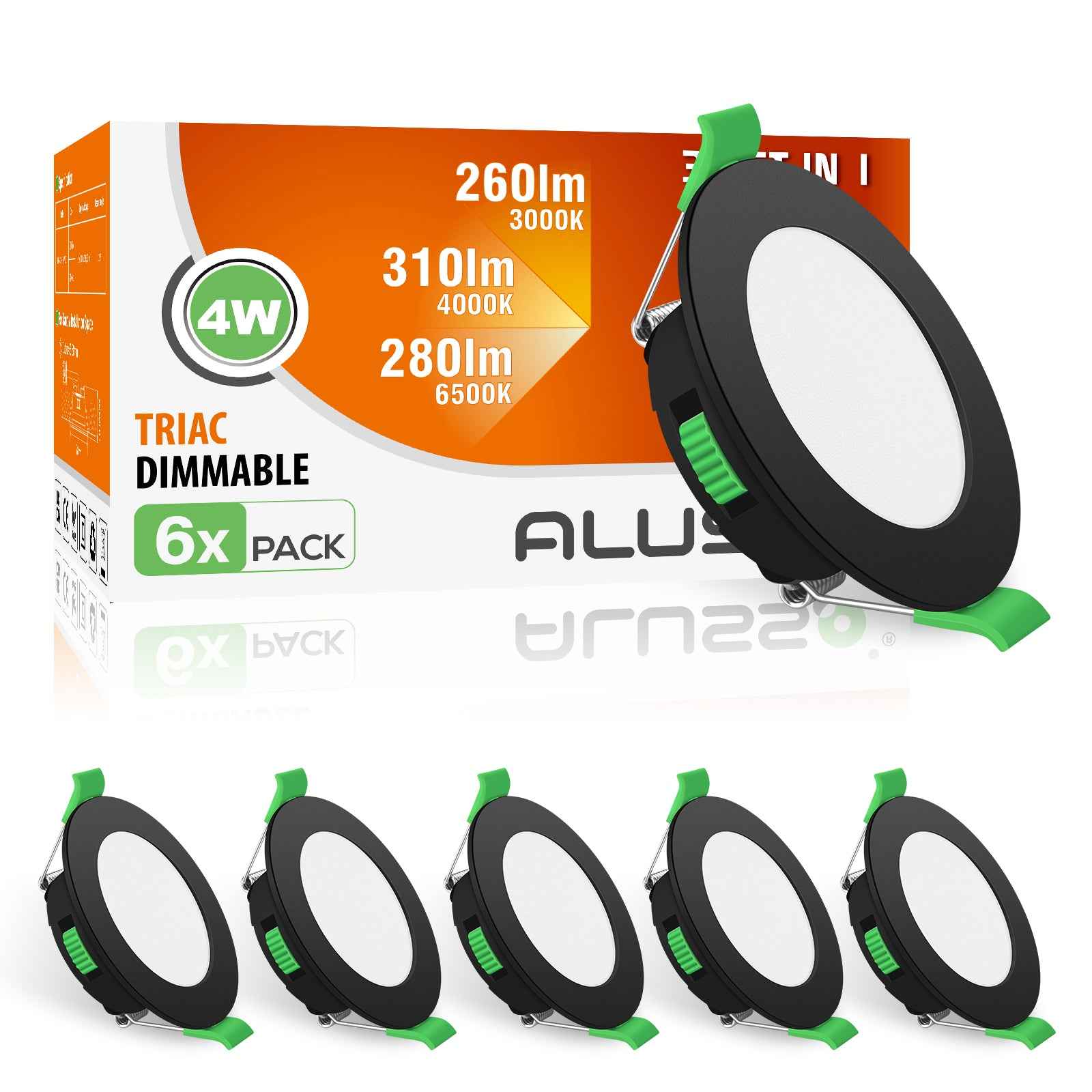 4W Black Recessed Spot Light Tri Color Dimmable IP44 Black,Cutout 55-68mm 6 Pack - ALUSSO LIGHTING