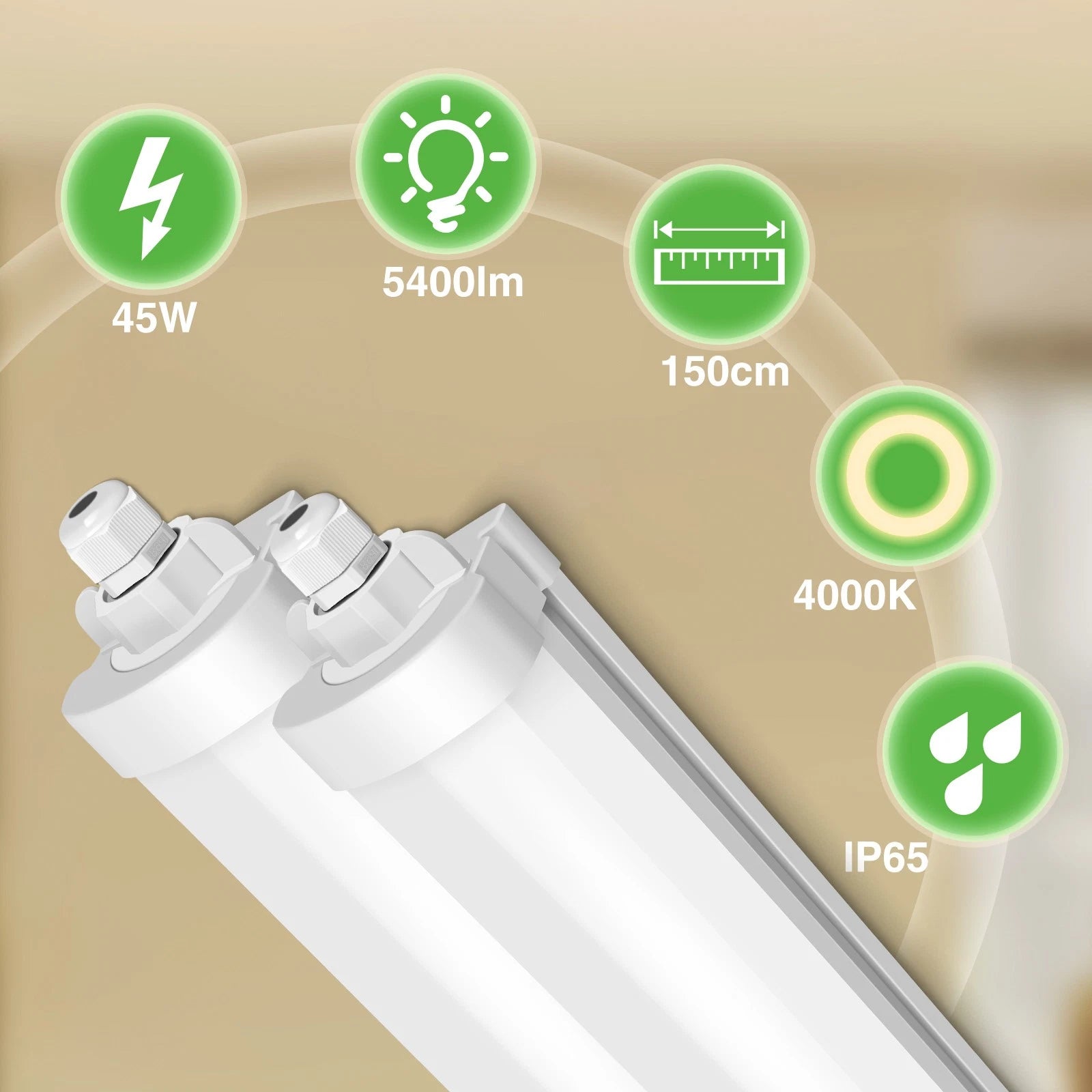 2x LED Tri-proof Ceiling Light 117cm IP65 4000K Linkable 36W Luminaire for Garage, Basement, Workshop, Wet Room, Bathroom, Office, Warehouse