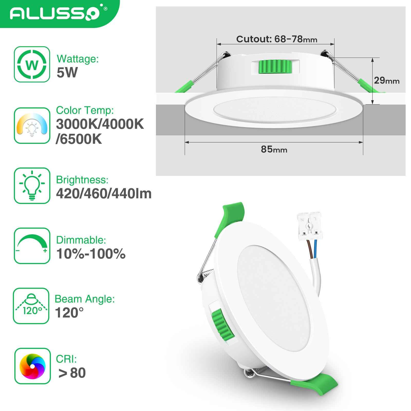 10 Pack 5W 68-78mm Cutout Ultra Slim LED Downlight 3CCT 3000K 4000K 6500K Dimmable IP44 White/Nickel Frame - ALUSSO LIGHTING