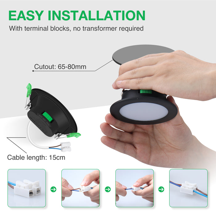 IP65 LED Downlight Cutout 67-75mm Dimmable CCT Ultra Slim, Black, 6 Pack