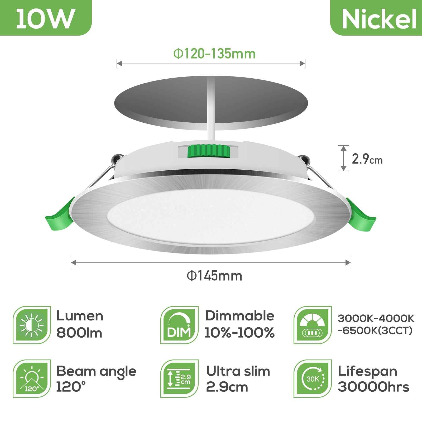 10W Nickel Ultra Slim LED Downlight CCT Dimmable IP44,Cutout 120-135mm 6 Pack - ALUSSO LIGHTING
