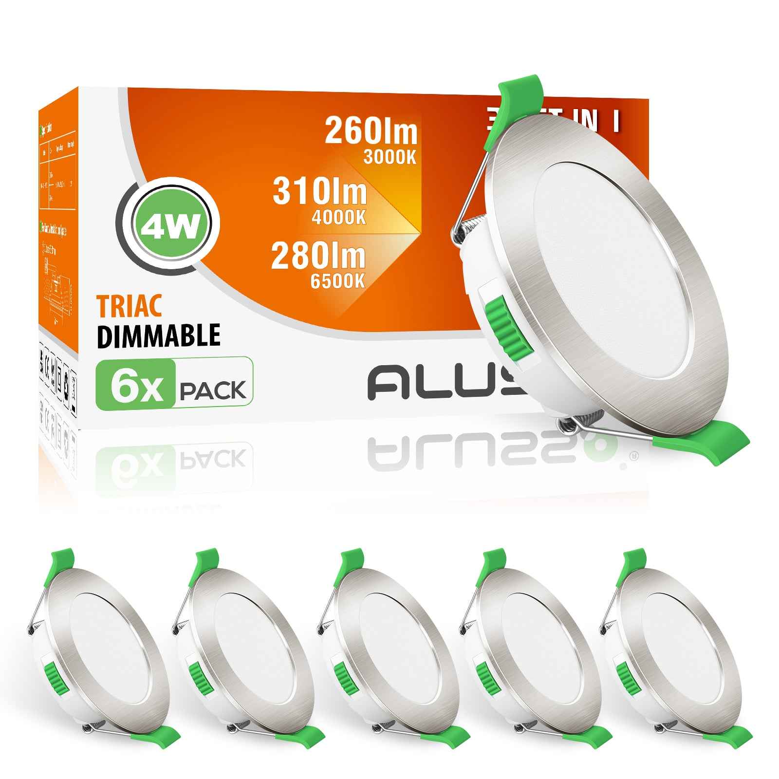 6 Pack 4W 55-68mm Cutout Nickel Ultra Slim LED Downlight 3CCT Dimmable IP44 - ALUSSO LIGHTING