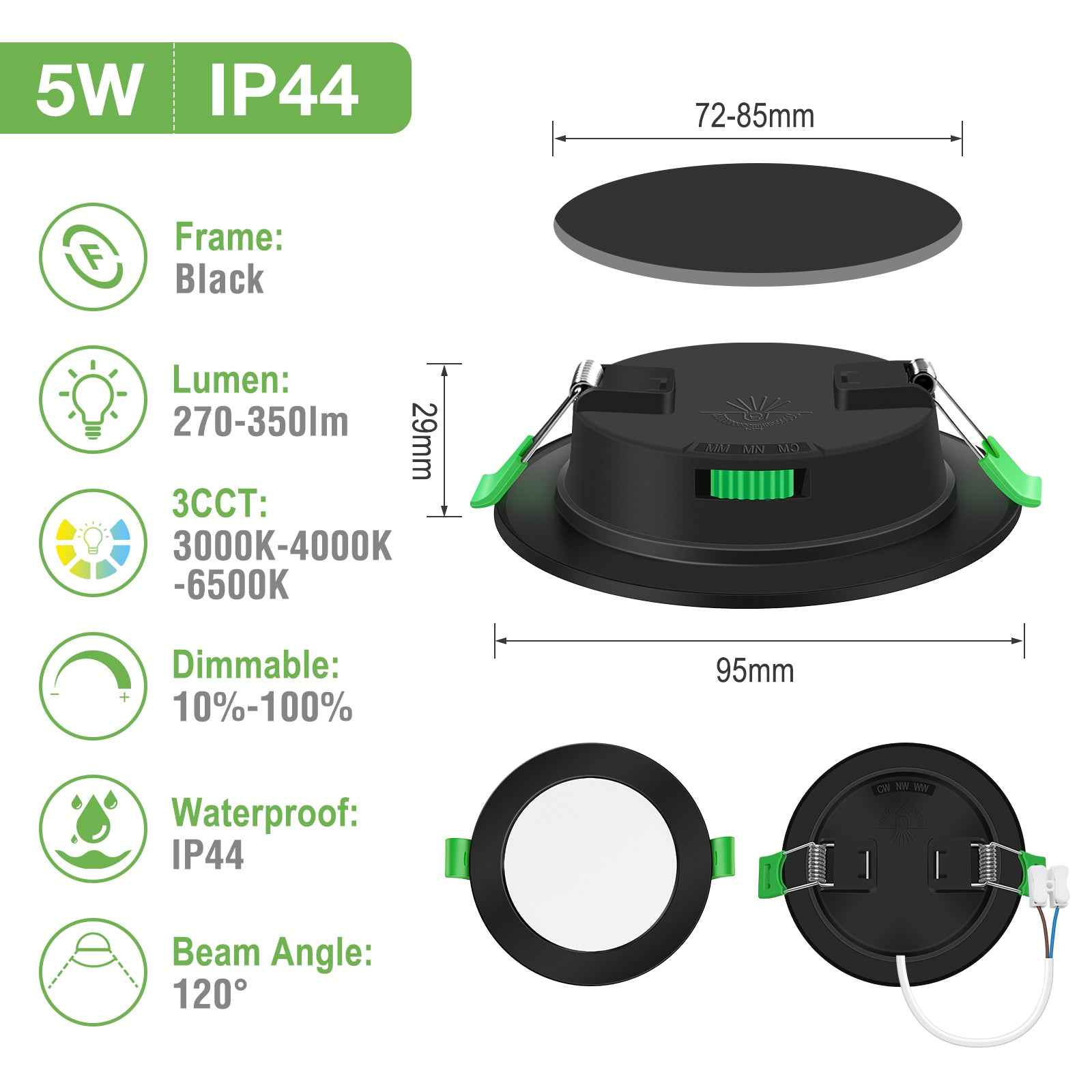 4W 5W 7W 10W 15W 22W Ultra Slim LED Downlight 55-205mm Cutout 3CCT 3000K 4000K 6500K Dimmable IP44 White/Nickel/Black Frame, 6 Pack - ALUSSO LIGHTING