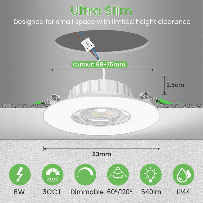 6W ∅68-75mm White Recessed Led Ceiling Lights Flach 60°/120° Variable Beam Angle, Tri-Color, Dimmable, IP44, 6 PACK